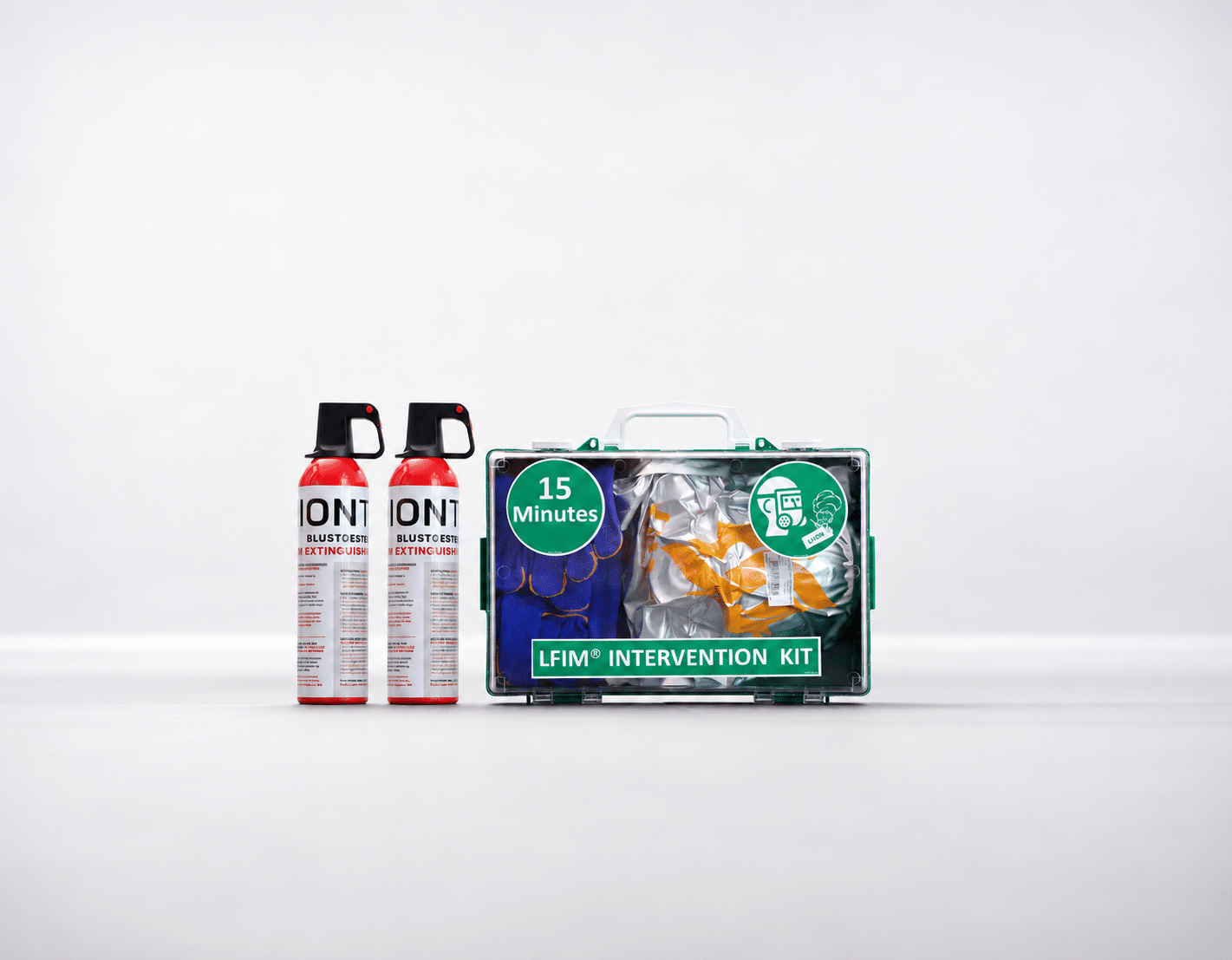 Lithium Fire Office Kit with two 750-ml fire extinguishers and an LFIM emergency response kit