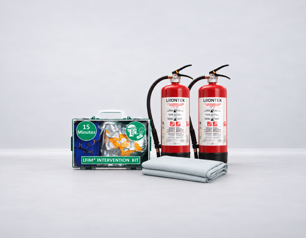 Liiontek MGN 681 Fire Safety Kit for Lithium-Ion Batteries, including two fire extinguishers, a fire blanket, and an LFIM response kit