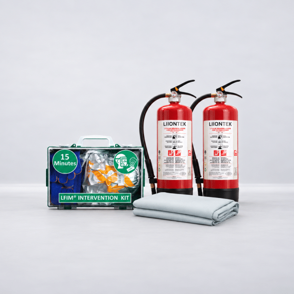 Liiontek MGN 681 Fire Safety Kit for Lithium-Ion Batteries, including two fire extinguishers, a fire blanket, and an LFIM response kit