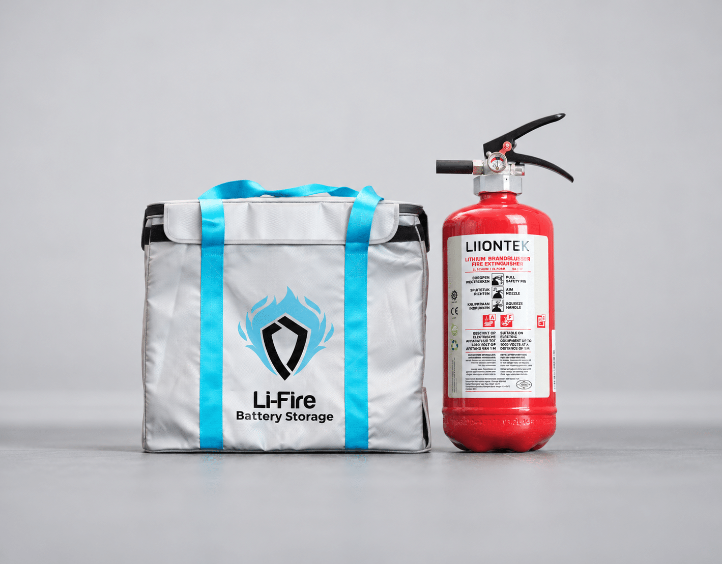 Li-Fire rechargeable batteries with a 2-liter lithium fire extinguisher from the Lithium Fire Garage Kit